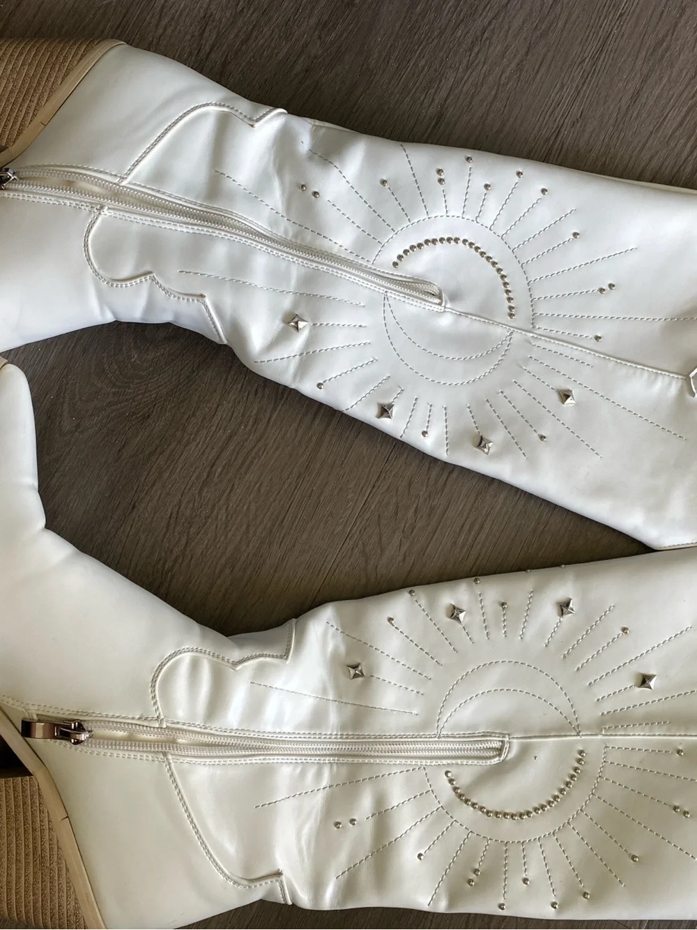 White Western-Inspired Mid-Calf Boots with Sunburst Stitching